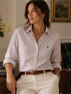 Lauren Ralph Lauren Shirt L Pink Black Pinstripe 100% Cotton Non Iron Preppy